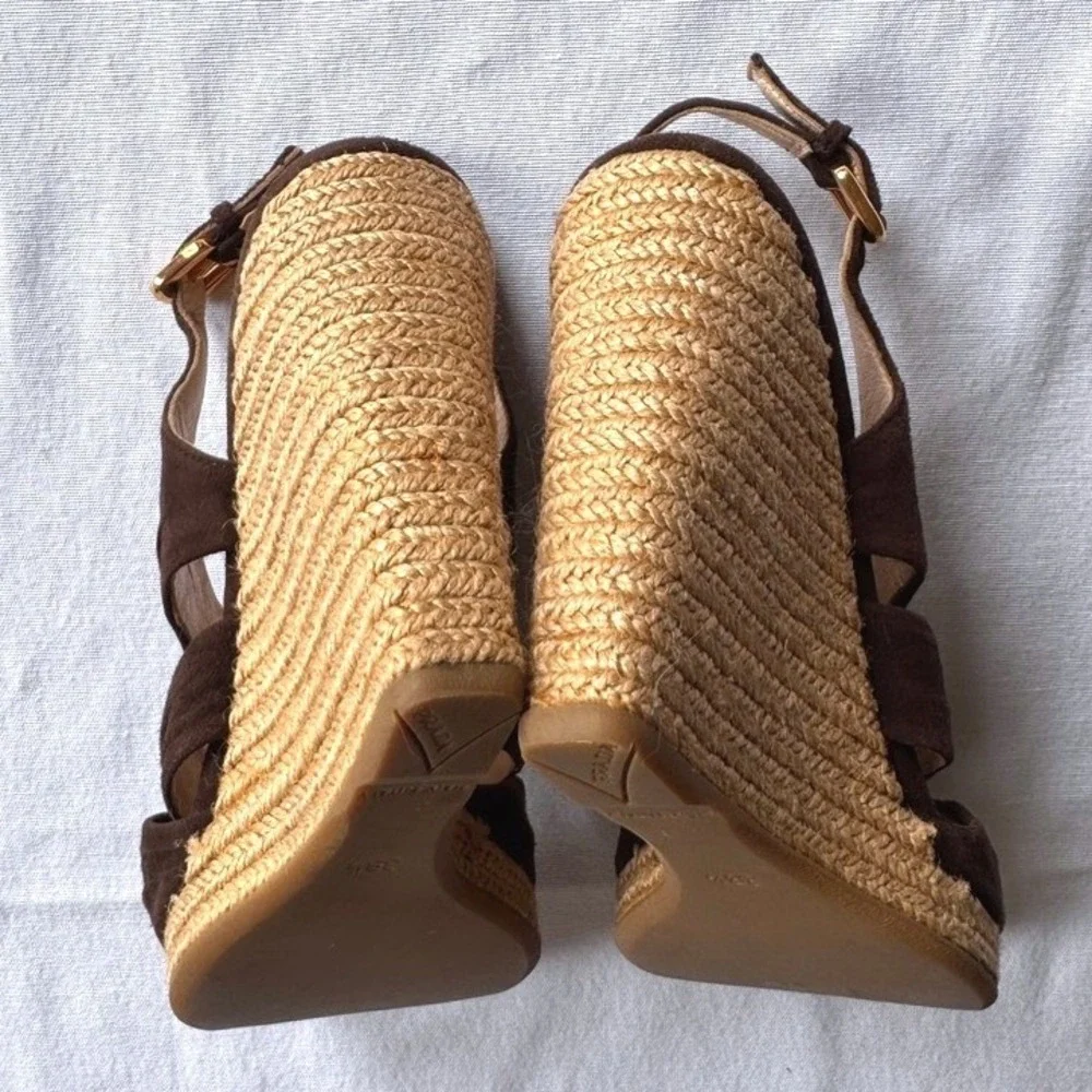 Prada‎ Brown Suede Espadrille Wedge Sandals Slingback Ruched Italian Size 38.5